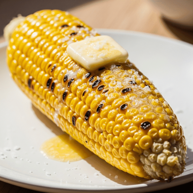 A perfectly cooked ear of corn on the cob with melting butter and salt after being cooked in the microwave.