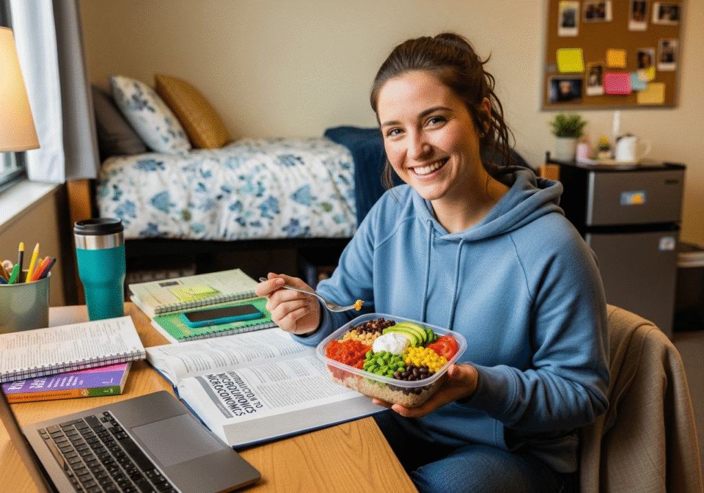 A smiling student eating a healthy microwave burrito bowl at their dorm room desk, with books and a laptop in the background.