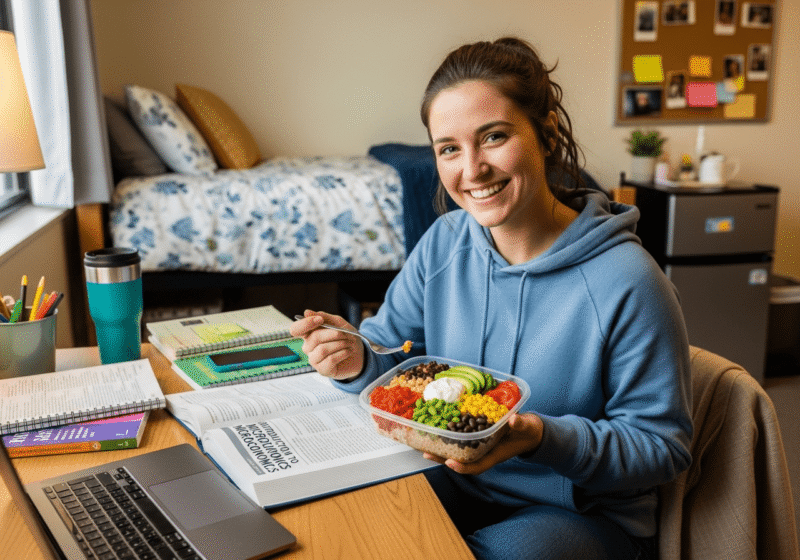 A smiling student eating a healthy microwave burrito bowl at their dorm room desk, with books and a laptop in the background.