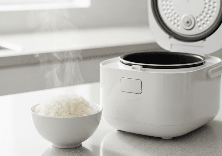 A-steaming-bowl-of-perfectly-cooked-fluffy-white-rice-sits-next-to-a-simple-white-microwave-rice-cooker-on-a-kitchen-counter.
