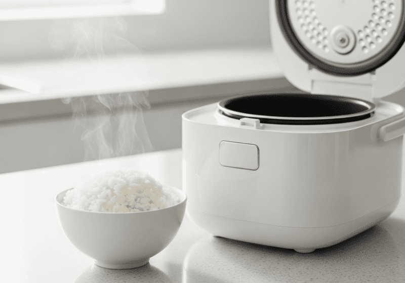 A-steaming-bowl-of-perfectly-cooked-fluffy-white-rice-sits-next-to-a-simple-white-microwave-rice-cooker-on-a-kitchen-counter.