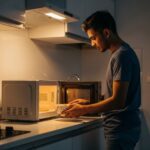 Young person cooking in a microwave in a small kitchen – easy microwave recipe.