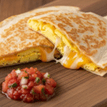 কটি কাটিং বোর্ডে পরিবেশিত সোনালি-বাদামী ব্রেকফাস্ট কেসাডিলা, যার ভেতরে গলানো পনির এবং ভাজা ডিম দেখা যাচ্ছে। পাশে সালসা রাখা।