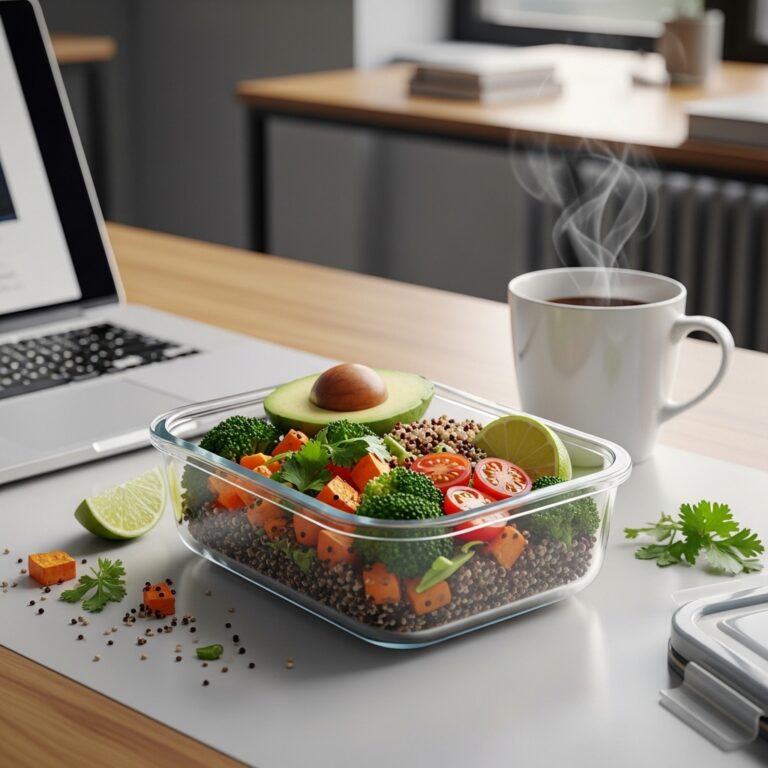 Healthy office lunch ideas, microwave meal, desk.