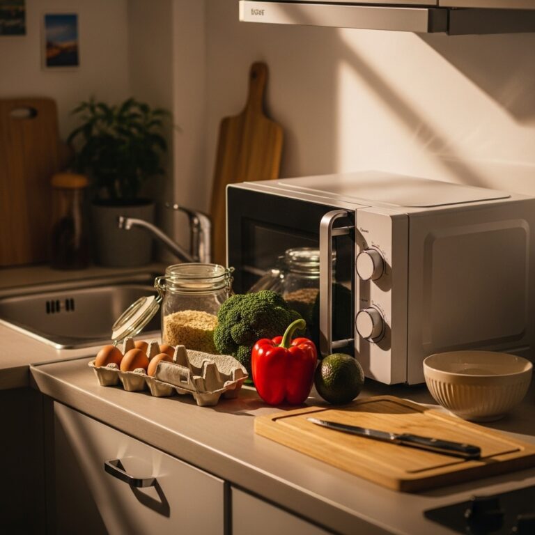 Compact microwave with healthy ingredients for quick weight loss meals.