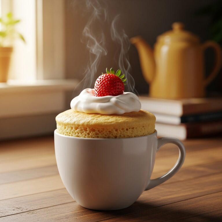 Delicious microwave mug cake, whipped cream, strawberry, easy recipe.