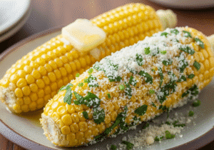 Two-ears-of-cooked-corn-on-the-cob-on-a-white-plate-one-seasoned-with-butter-and-the-other-with-garlic-parmesan.
