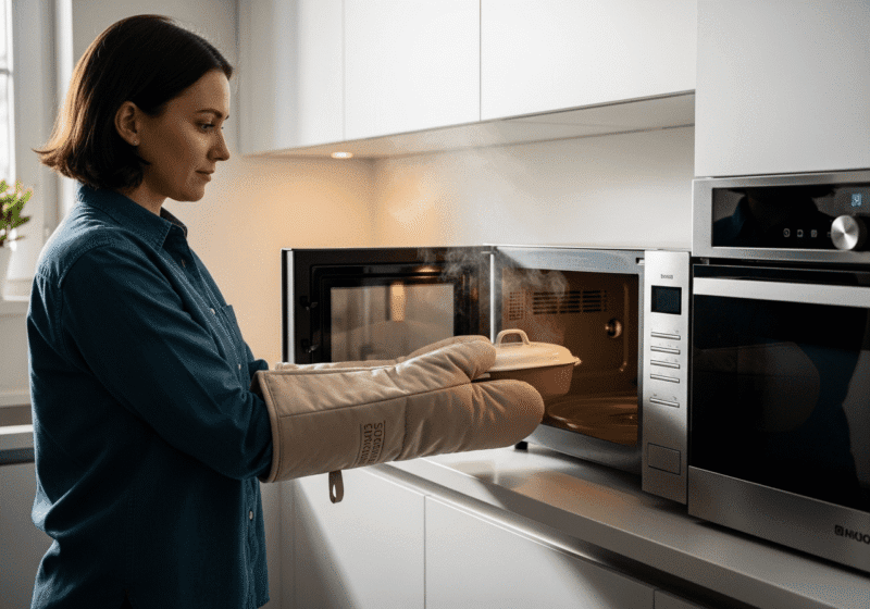 একজন ব্যক্তি ওভেন মিট পরে মাইক্রোওয়েভ থেকে সাবধানে গরম পাত্র বের করছেন।