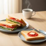 Multiple serving ideas for 90 second microwave bread including sandwich and toast with jam on breakfast table.