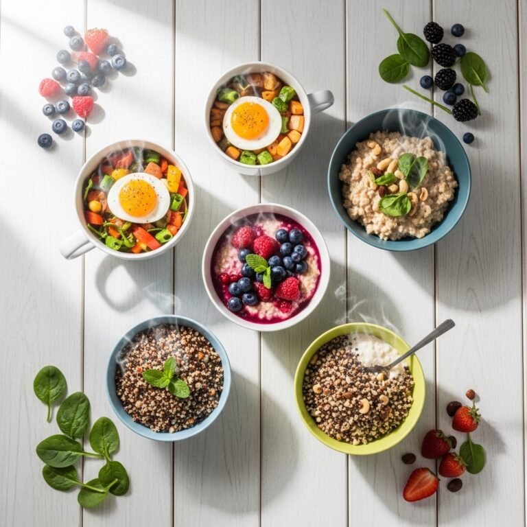 Collection of five colorful healthy microwave breakfasts including egg mug and oatmeal bowls on white wooden table.