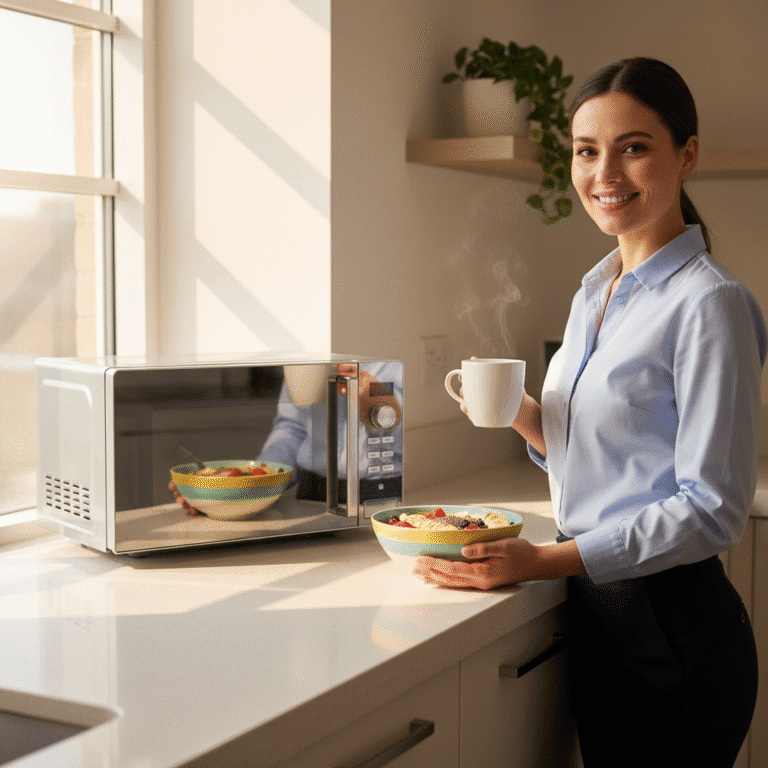 Busy professional woman using microwave oven for quick healthy breakfast in modern kitchen - microwave cooking guide.