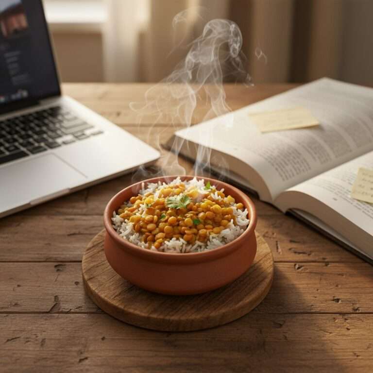 A steaming bowl of comforting homemade rice and lentils on a student desk, embodying the simplicity of the Microwave Cooking Time Chart for students and migrant workers.