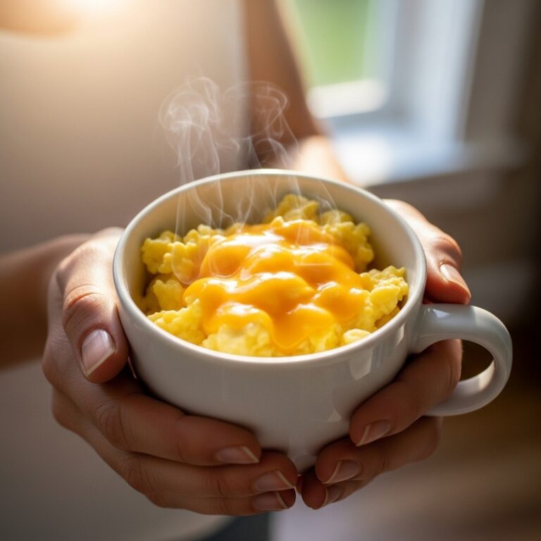 Person-holding-a-steaming-mug-of-scrambled-eggs-fresh-from-the-microwave-in-a-bright-morning-kitchen.