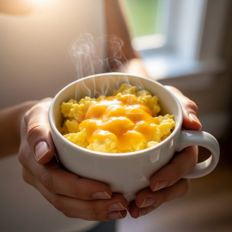 Person-holding-a-steaming-mug-of-scrambled-eggs-fresh-from-the-microwave-in-a-bright-morning-kitchen.