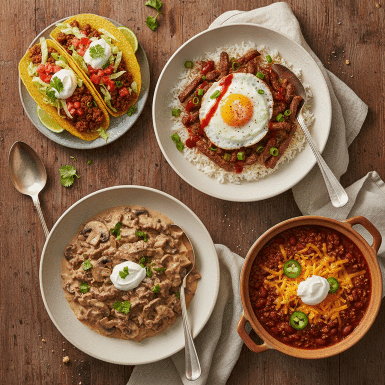 Four different microwave beef recipes including tacos rice bowl stroganoff and chili arranged on table.