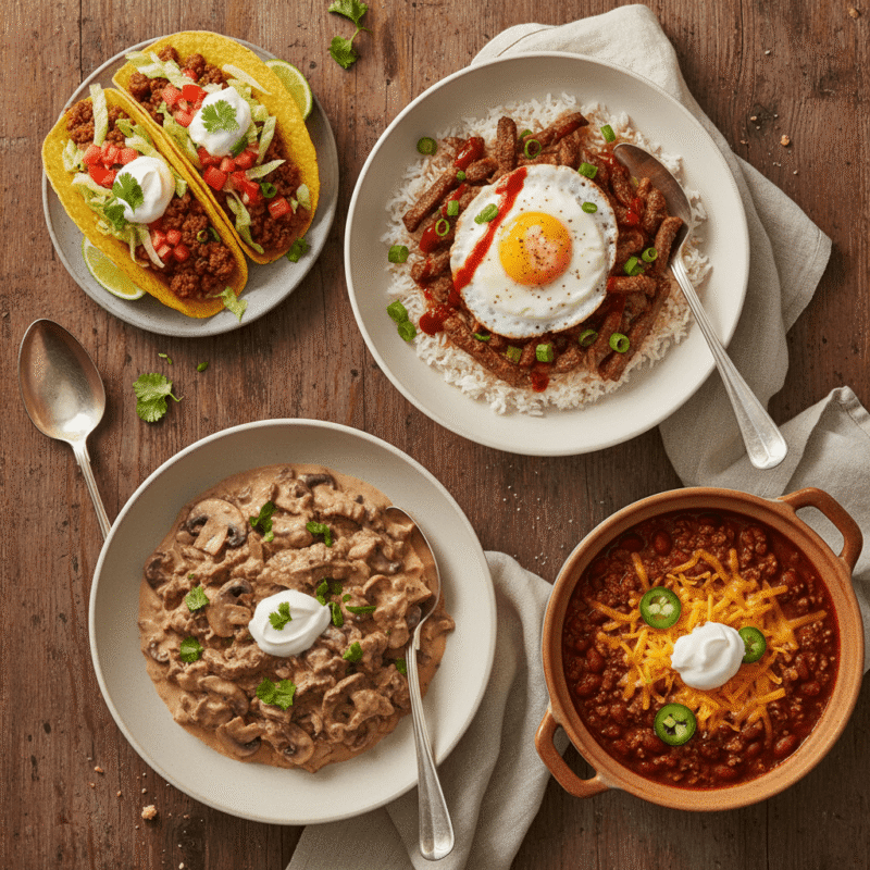 Four different microwave beef recipes including tacos rice bowl stroganoff and chili arranged on table.
