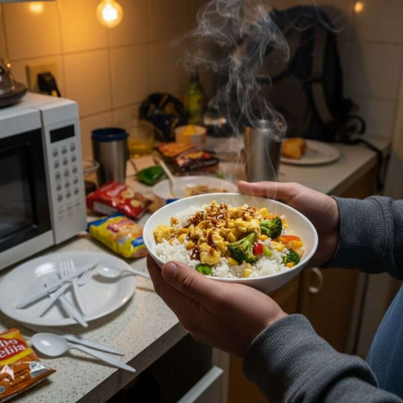 Student holding homemade microwave rice bowl in shared hostel kitchen showing quick budget-friendly meal for international students and migrant workers.