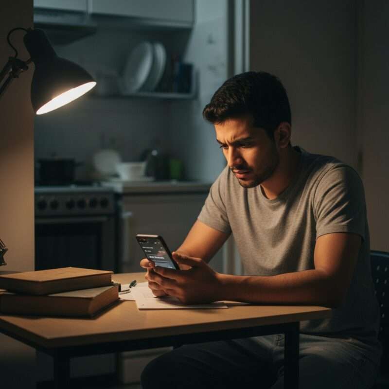 Young international student checking takeout delivery prices on phone in small apartment, calculating meal costs
