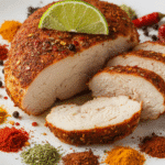 Flavorful Cajun spiced chicken breast with spice crust cooked in microwave.