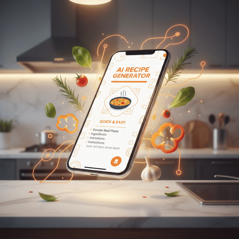 A smartphone floating in a modern kitchen, screen showing a beautifully designed recipe card with "AI Recipe Generator"