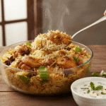 Fragrant microwave chicken biryani made with pre-cooked rice, served with raita.