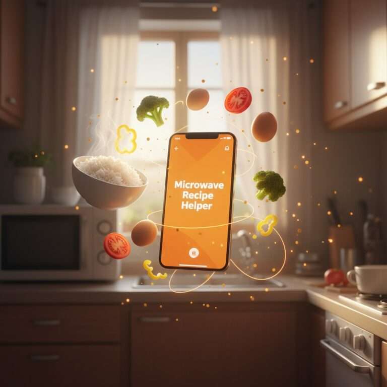 Smartphone showing microwave recipe app with floating fresh ingredients including rice, eggs, and vegetables in warm-lit small kitchen space for students abroad.