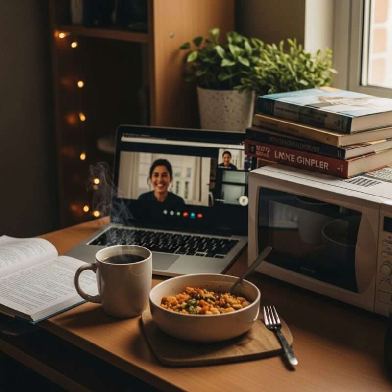 Student eating quick microwave keto meal at dorm desk while video calling family, showing simple healthy dinner for migrant workers and international students.
