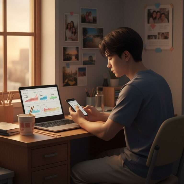 Young international student tracking nutrition with fitness calculator app on laptop while living abroad in small apartment