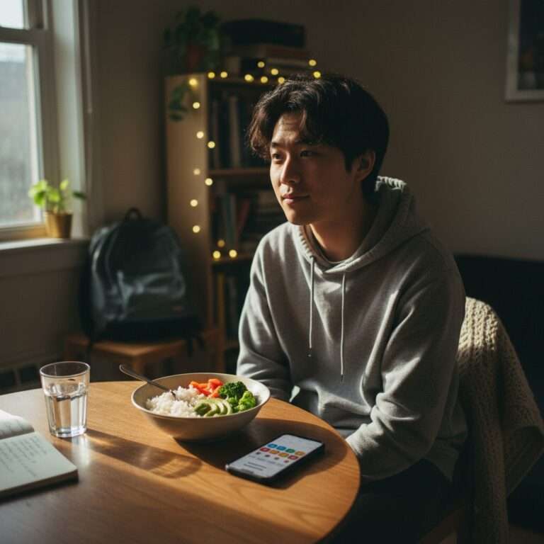 Young international student using meal plan calculator app on smartphone while eating healthy homemade rice bowl in small apartment, budget-friendly meal planning for students abroad