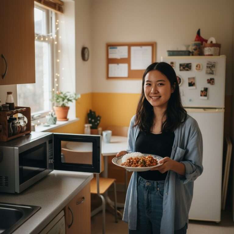International student cooking nutritious microwave meals in small apartment kitchen while studying abroad