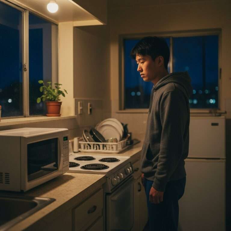 International student comparing microwave and stove cooking options in small apartment kitchen showing cooking comparison study