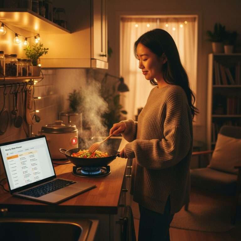 Young migrant student doing meal prep for beginners in a small apartment kitchen with a digital meal planner on laptop