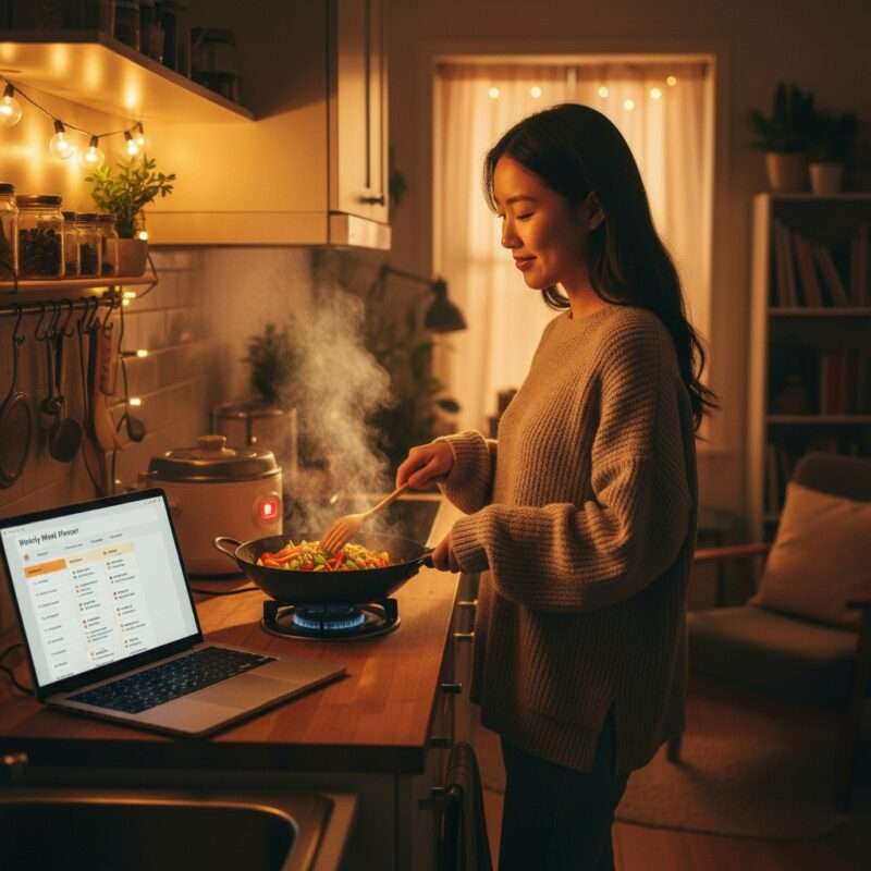 Young migrant student doing meal prep for beginners in a small apartment kitchen with a digital meal planner on laptop