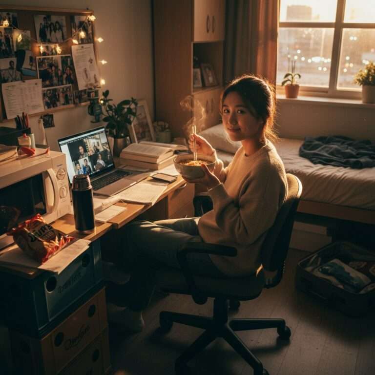 International student eating homemade microwave-cooked meal in small dorm apartment, showing affordable cooking solutions for students abroad