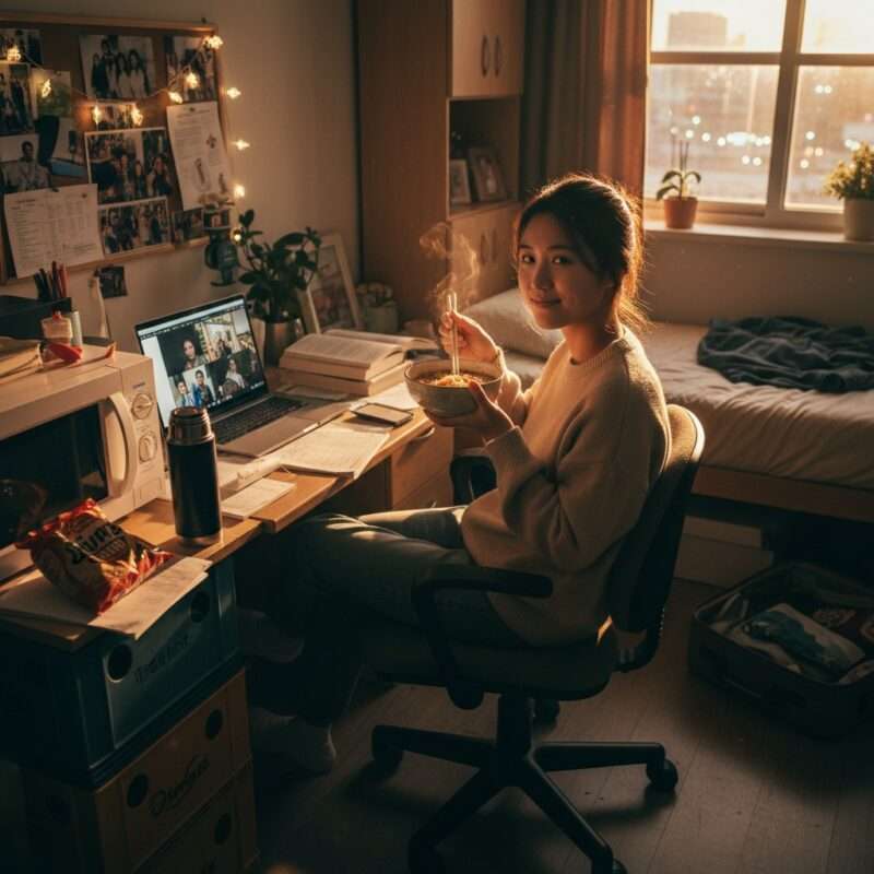 International student eating homemade microwave-cooked meal in small dorm apartment, showing affordable cooking solutions for students abroad