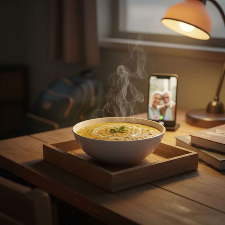 : A steaming bowl of homemade microwave vegetarian dal on a dorm room desk, representing comfort food for students studying abroad