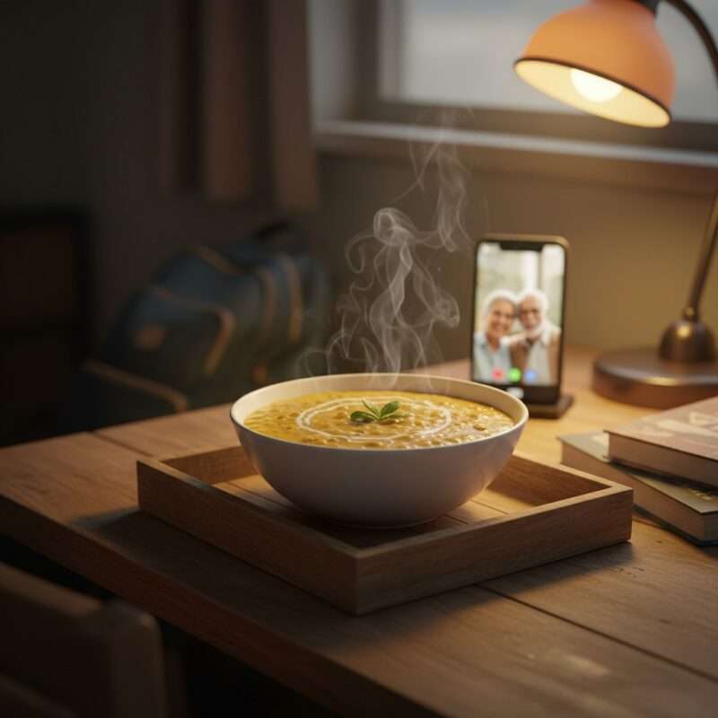 : A steaming bowl of homemade microwave vegetarian dal on a dorm room desk, representing comfort food for students studying abroad