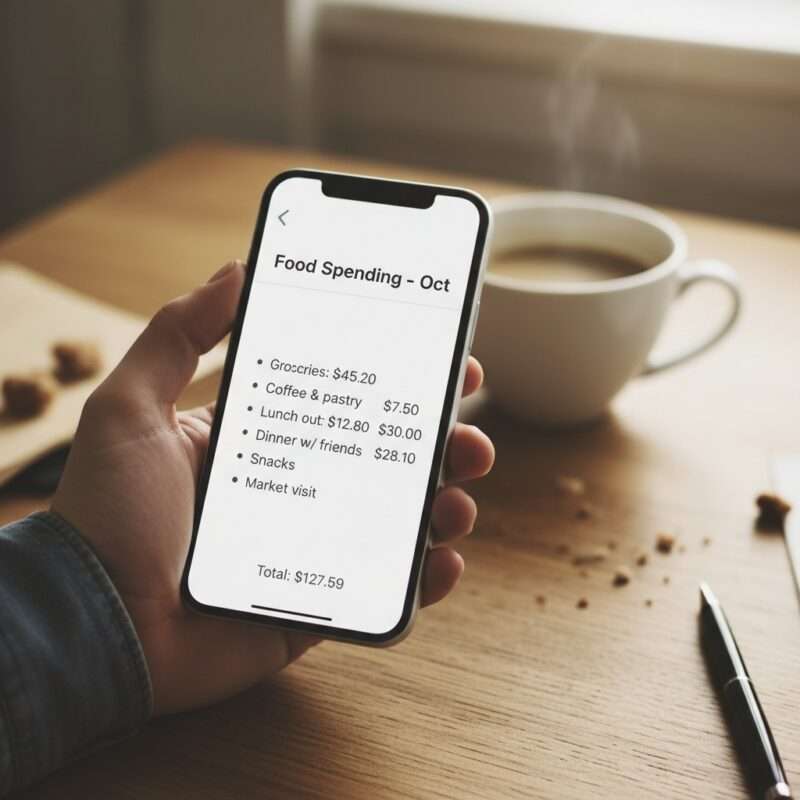 Student tracking daily food spending on phone notes app during first week living abroad