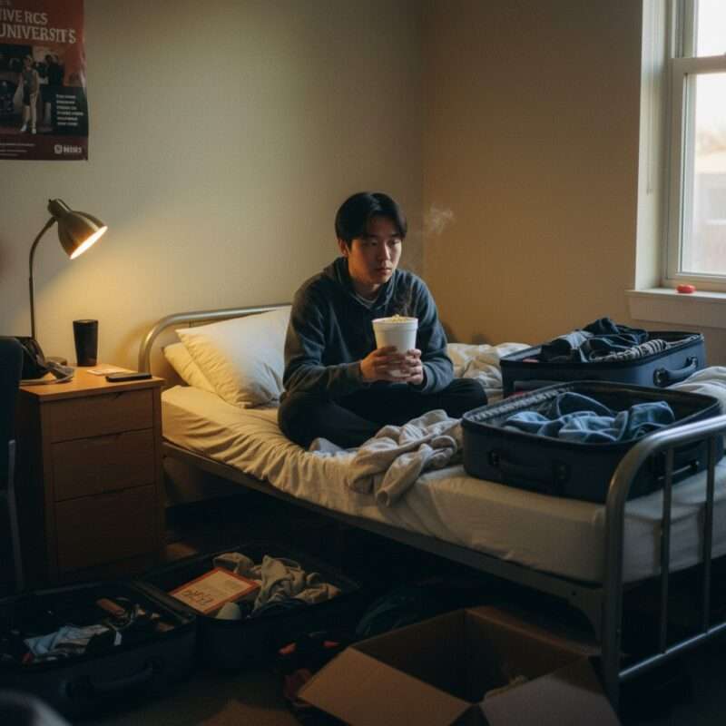 International student sitting alone in dorm room eating instant noodles during first week abroad