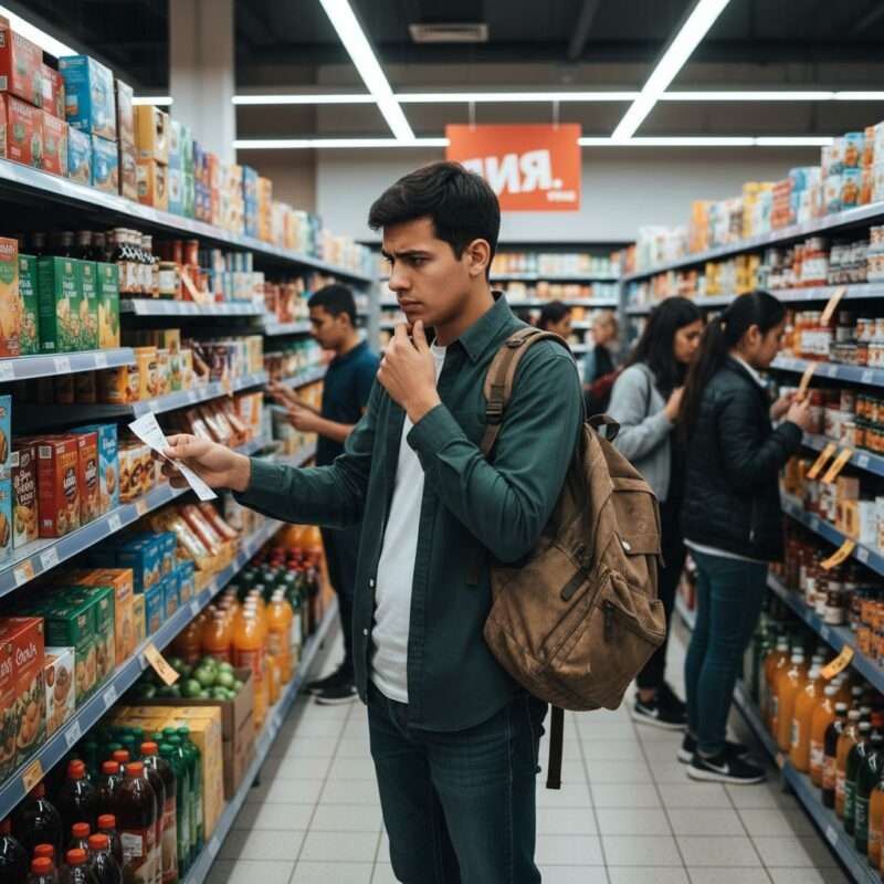 International student looking confused at foreign supermarket shelves during first week abroad