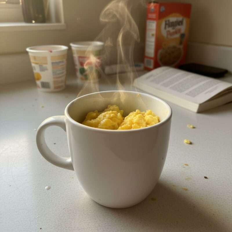 Scrambled eggs cooked in a microwave mug, a simple cheap meal for international students abroad
