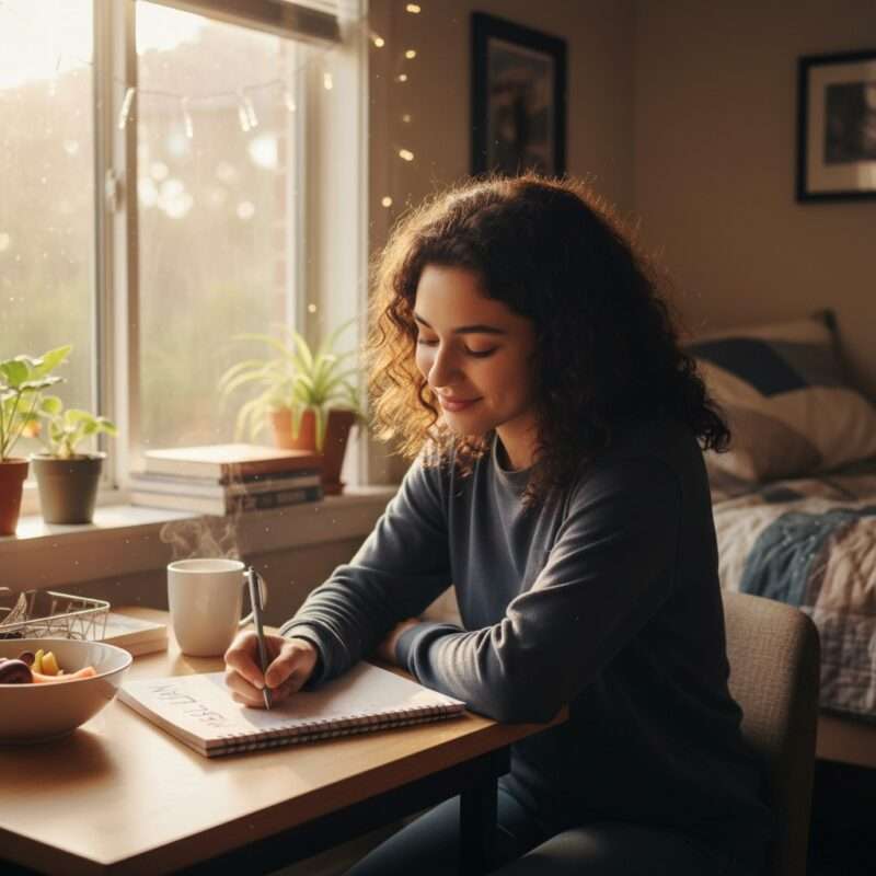 International student writing a weekly meal plan in notebook to save money and eat better abroad